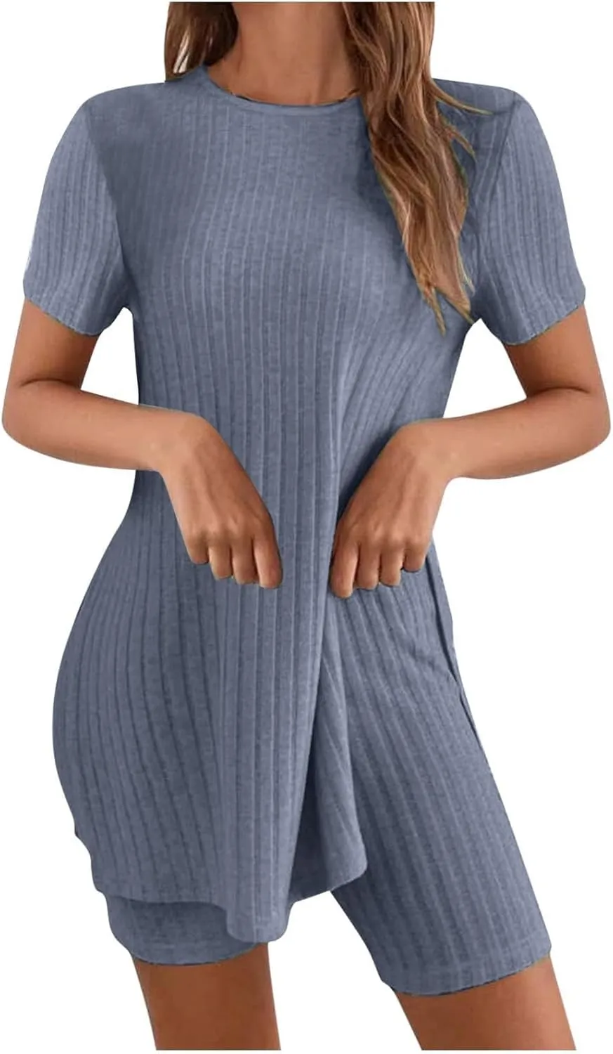 Lounge Sets for Women 2 Piece Short Sleeve Side Split T-Shirt Matching Biker Shorts Casual Knit Loungewear Pajamas