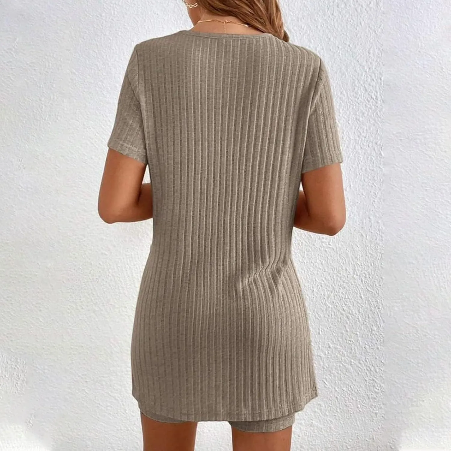 Lounge Sets for Women 2 Piece Short Sleeve Side Split T-Shirt Matching Biker Shorts Casual Knit Loungewear Pajamas