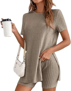 Lounge Sets for Women 2 Piece Short Sleeve Side Split T-Shirt Matching Biker Shorts Casual Knit Loungewear Pajamas