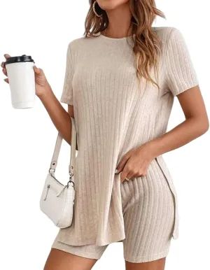 Lounge Sets for Women 2 Piece Short Sleeve Side Split T-Shirt Matching Biker Shorts Casual Knit Loungewear Pajamas