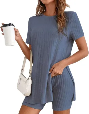 Lounge Sets for Women 2 Piece Short Sleeve Side Split T-Shirt Matching Biker Shorts Casual Knit Loungewear Pajamas