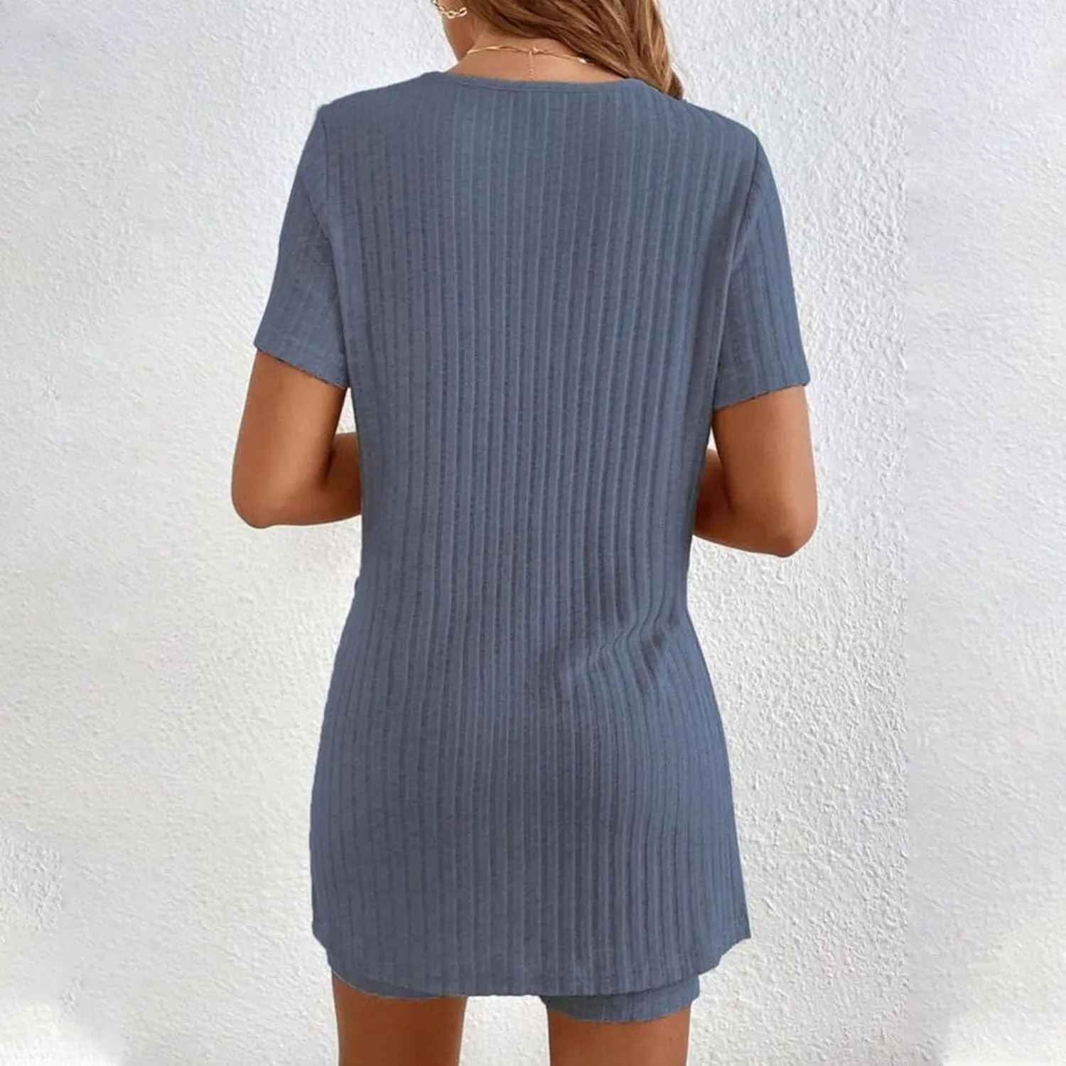 Lounge Sets for Women 2 Piece Short Sleeve Side Split T-Shirt Matching Biker Shorts Casual Knit Loungewear Pajamas