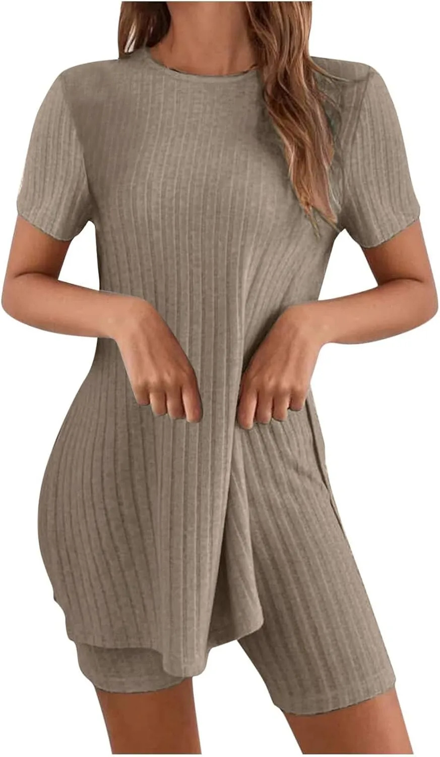Lounge Sets for Women 2 Piece Short Sleeve Side Split T-Shirt Matching Biker Shorts Casual Knit Loungewear Pajamas