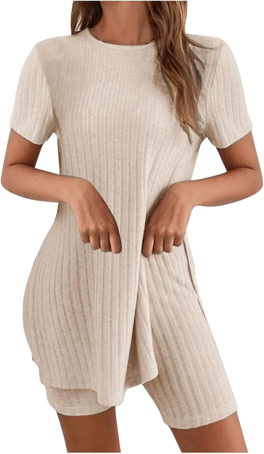 Lounge Sets for Women 2 Piece Short Sleeve Side Split T-Shirt Matching Biker Shorts Casual Knit Loungewear Pajamas