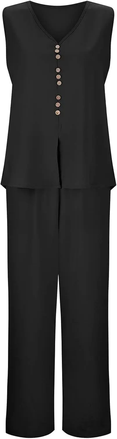 Lounge Sets for Women Two Piece Set Sleeveless V Neck Button Down Tank Tops Wide Leg Pant Set Summer Outfits 2025
