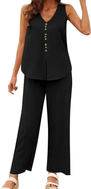 Lounge Sets for Women Two Piece Set Sleeveless V Neck Button Down Tank Tops Wide Leg Pant Set Summer Outfits 2025