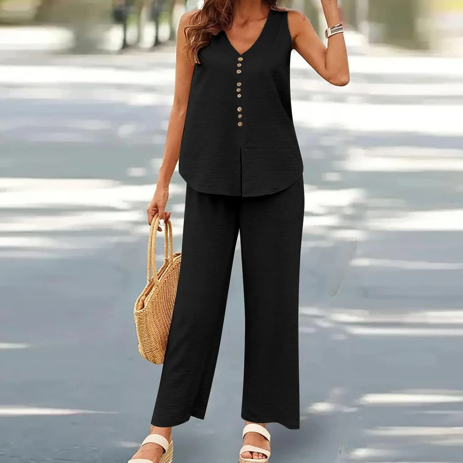 Lounge Sets for Women Two Piece Set Sleeveless V Neck Button Down Tank Tops Wide Leg Pant Set Summer Outfits 2025