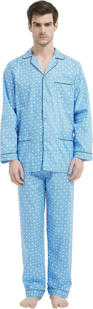 Men's 100% Cotton Pajama Set Long Sleeves Pjs Elastic High Waist Sleepwear