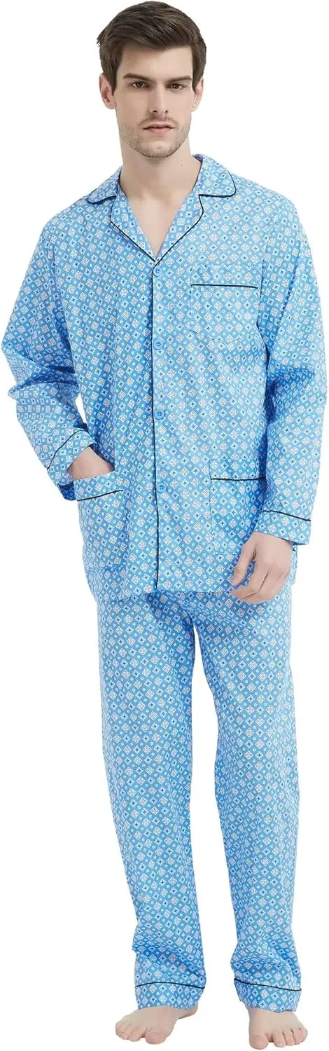 Men's 100% Cotton Pajama Set Long Sleeves Pjs Elastic High Waist Sleepwear