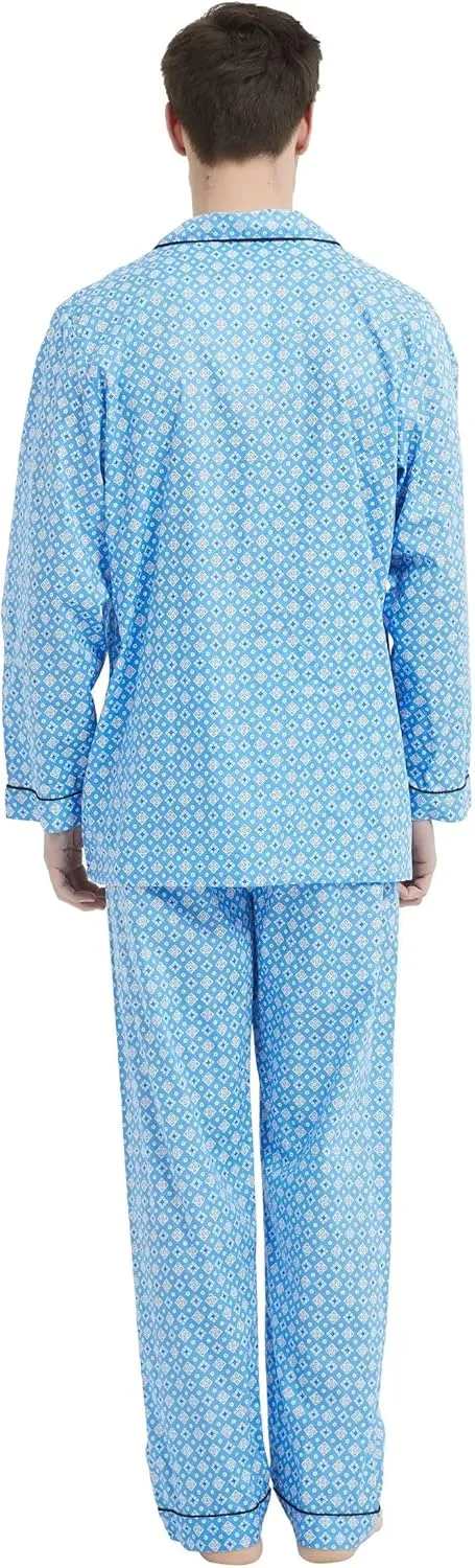 Men's 100% Cotton Pajama Set Long Sleeves Pjs Elastic High Waist Sleepwear