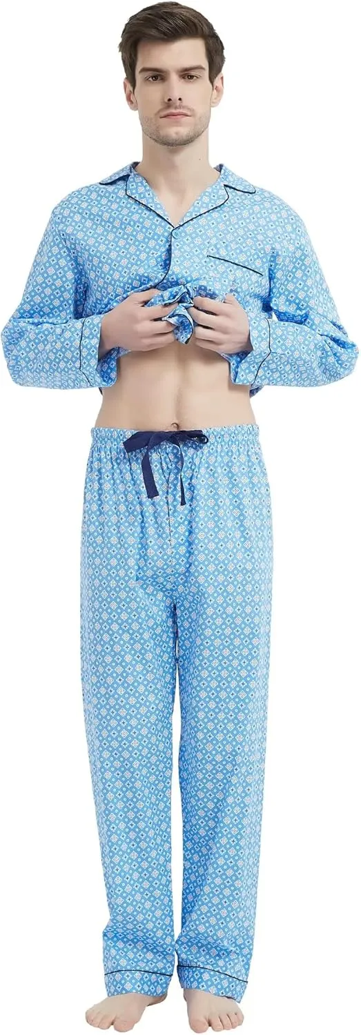 Men's 100% Cotton Pajama Set Long Sleeves Pjs Elastic High Waist Sleepwear