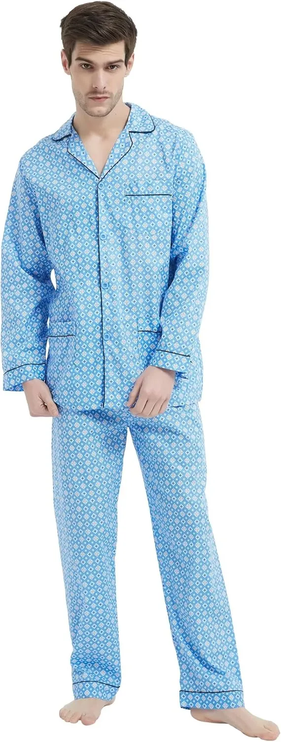 Men's 100% Cotton Pajama Set Long Sleeves Pjs Elastic High Waist Sleepwear