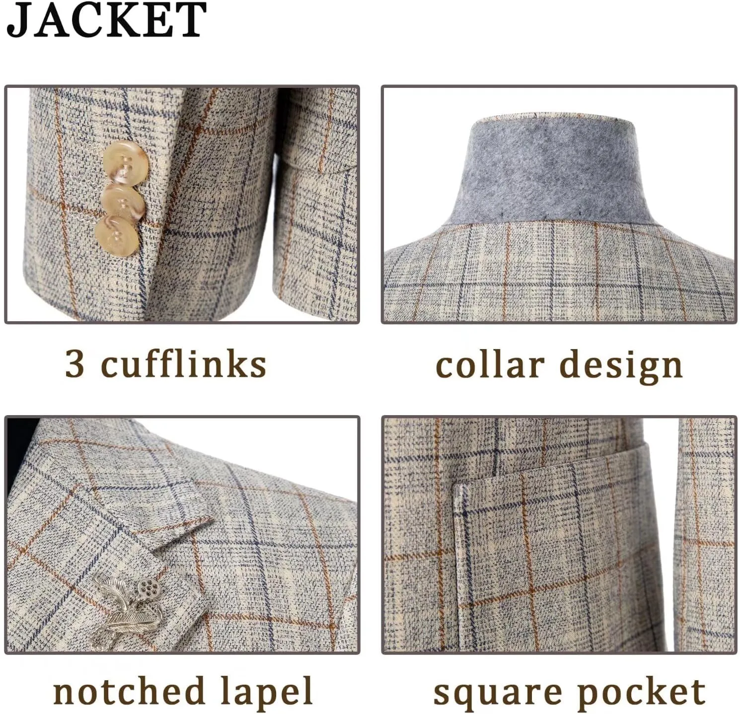 Men's 2 Pieces Slim Fit Plaid Suits Single Breasted Wedding Party Checked Tuxedo Blazer Jacket Pants Suit Set