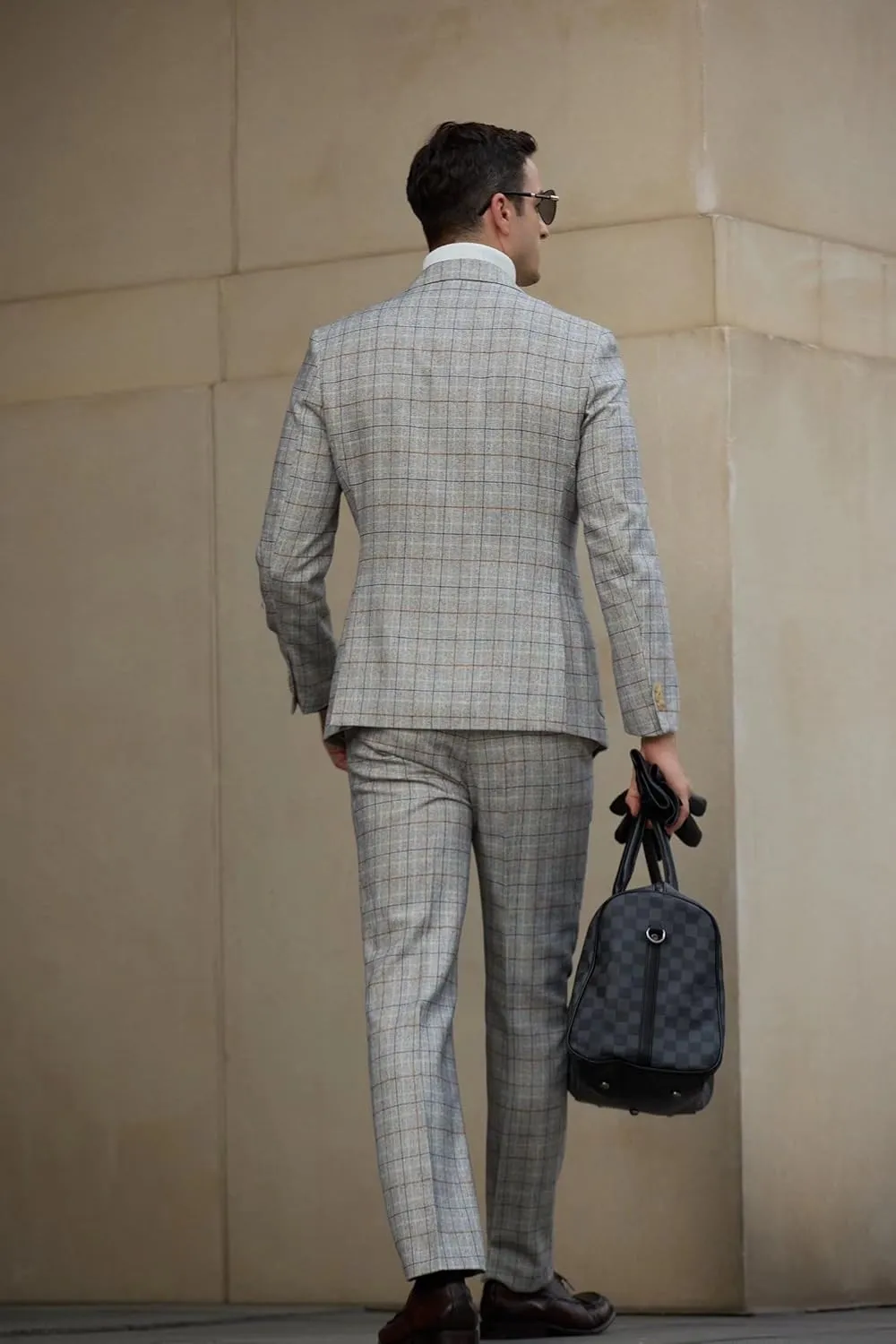 Men's 2 Pieces Slim Fit Plaid Suits Single Breasted Wedding Party Checked Tuxedo Blazer Jacket Pants Suit Set