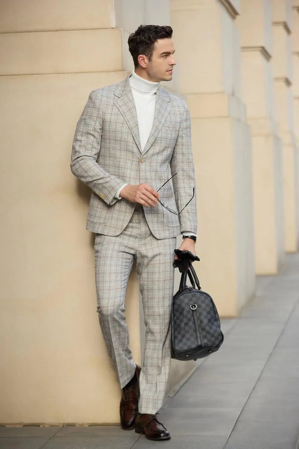 Men's 2 Pieces Slim Fit Plaid Suits Single Breasted Wedding Party Checked Tuxedo Blazer Jacket Pants Suit Set