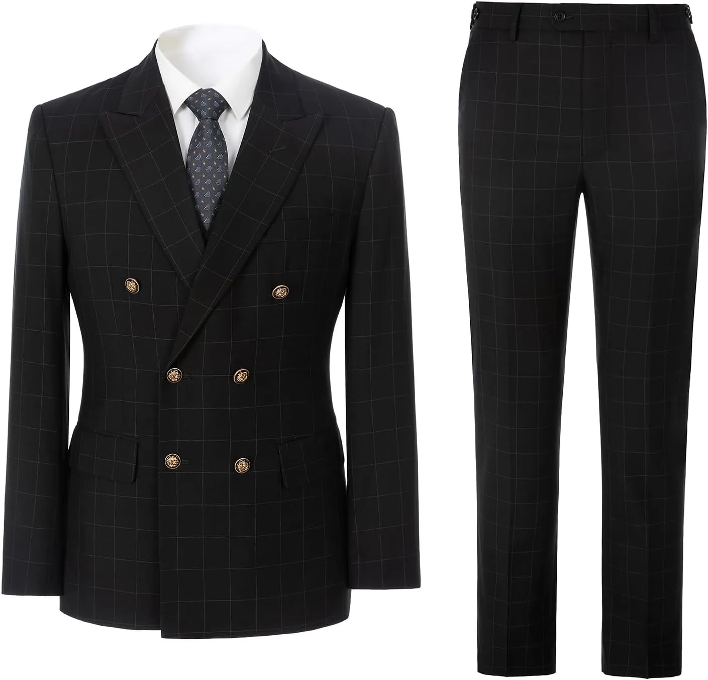 Men's 3 Piece Suits Slim Fit Plaid Double Breasted Blazer Vest Pants Set Wedding Party Tuxedo
