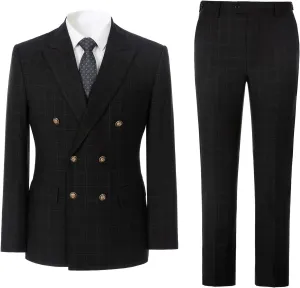 Men's 3 Piece Suits Slim Fit Plaid Double Breasted Blazer Vest Pants Set Wedding Party Tuxedo