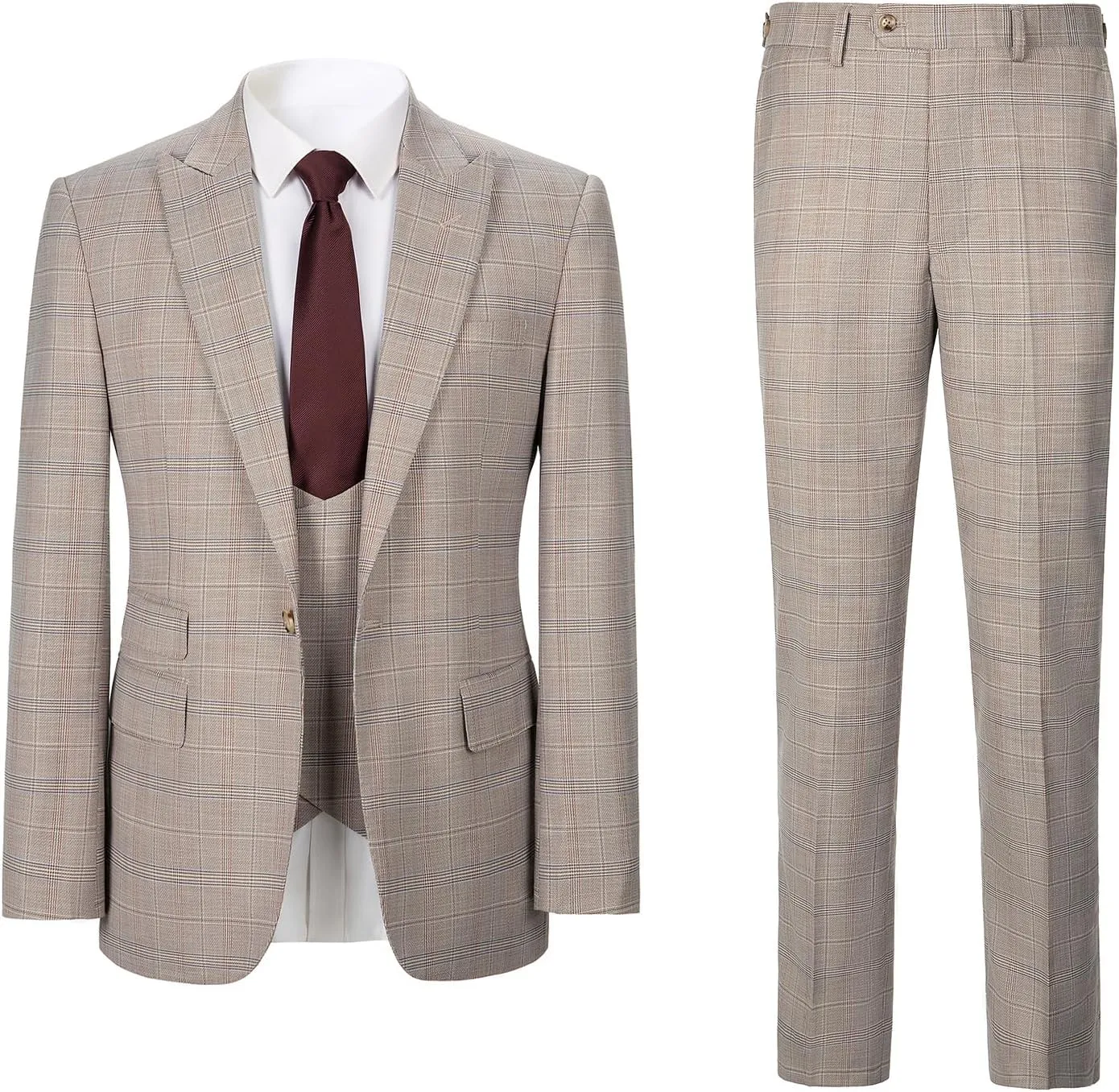 Men's 3 Pieces Slim Fit Plaid Suits Wedding Party Checked Tuxedo Blazer Jacket Vest Pants Suit Set