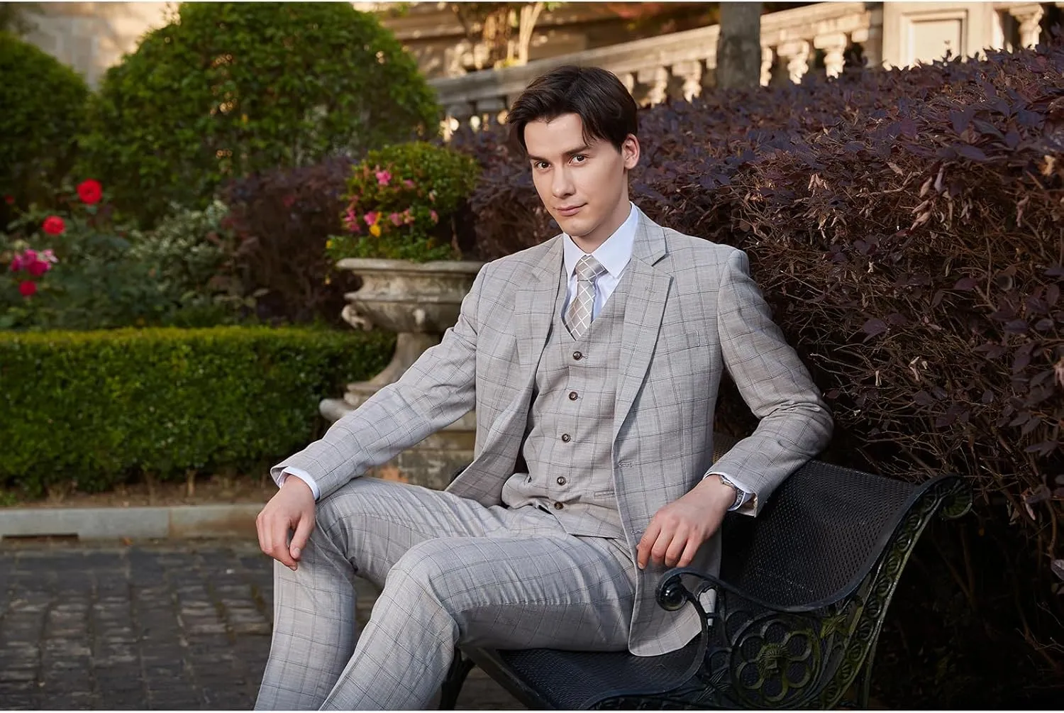 Men's 3 Pieces Slim Fit Plaid Suits Wedding Party Checked Tuxedo Blazer Jacket Vest Pants Suit Set