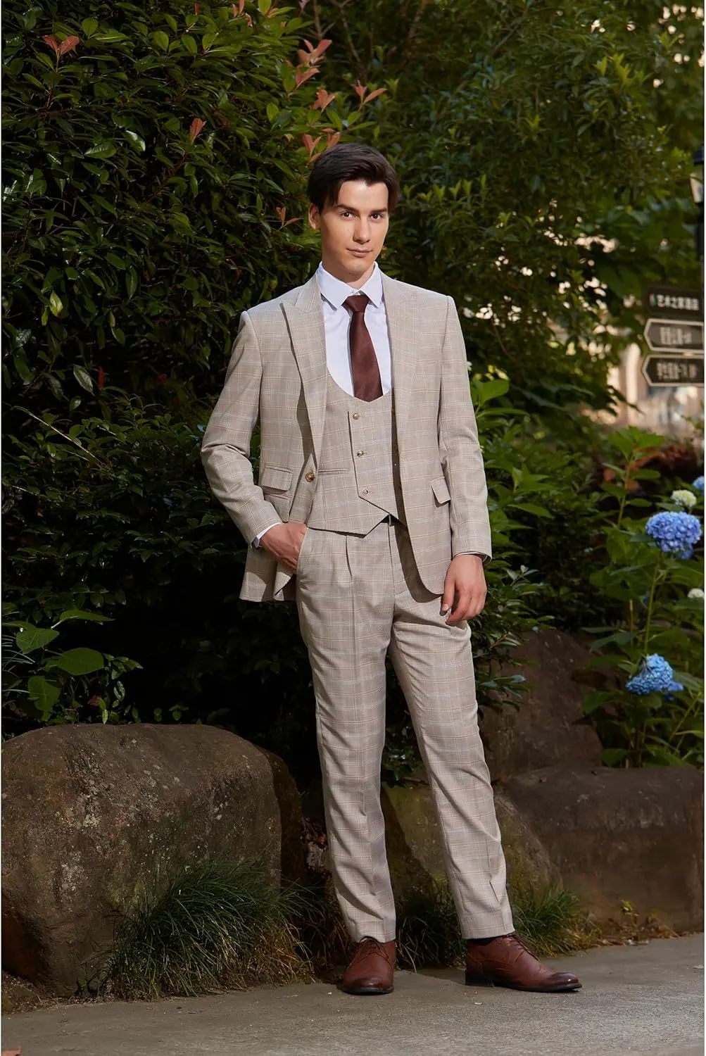 Men's 3 Pieces Slim Fit Plaid Suits Wedding Party Checked Tuxedo Blazer Jacket Vest Pants Suit Set