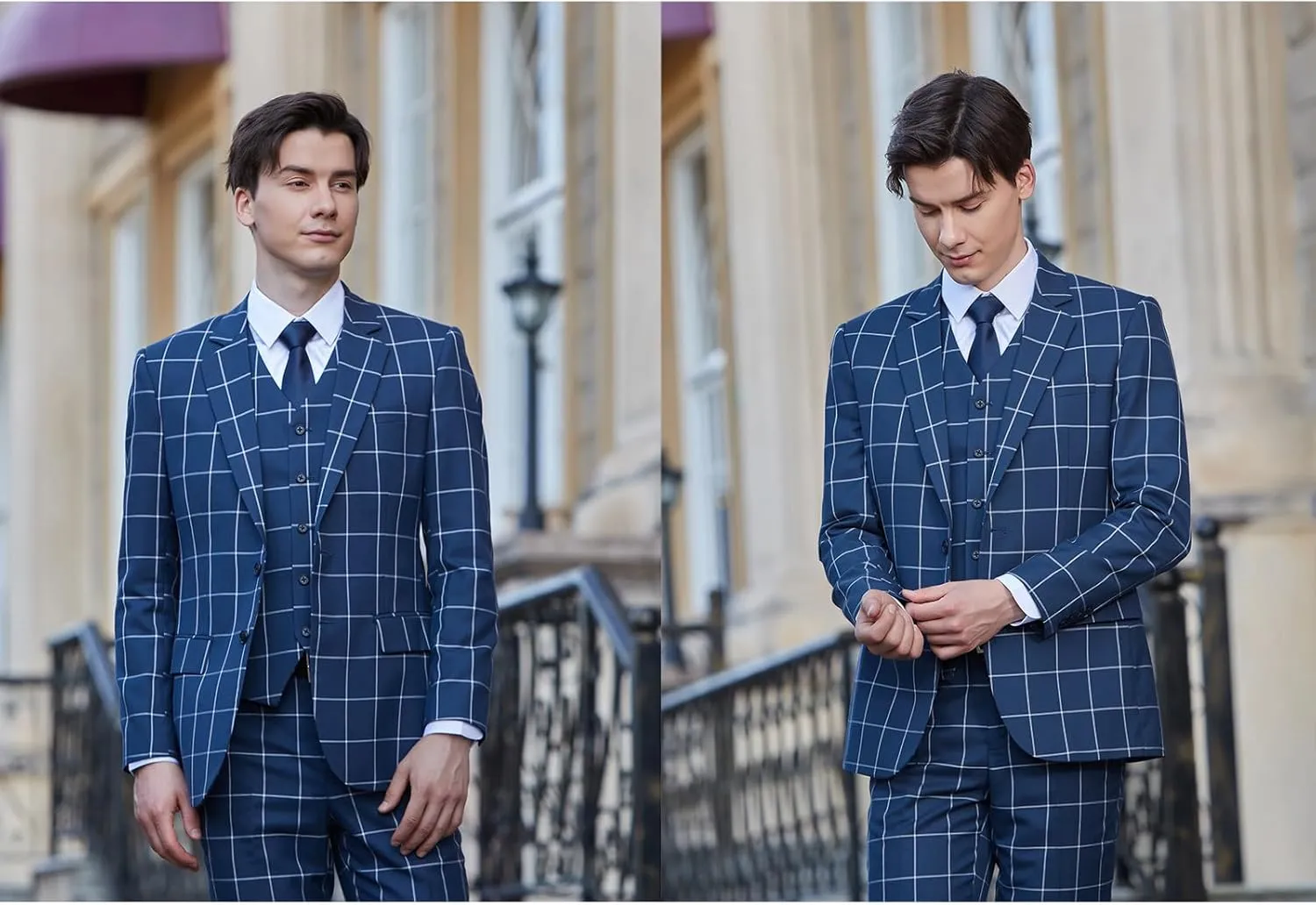 Men's 3 Pieces Slim Fit Plaid Suits Wedding Party Checked Tuxedo Blazer Jacket Vest Pants Suit Set