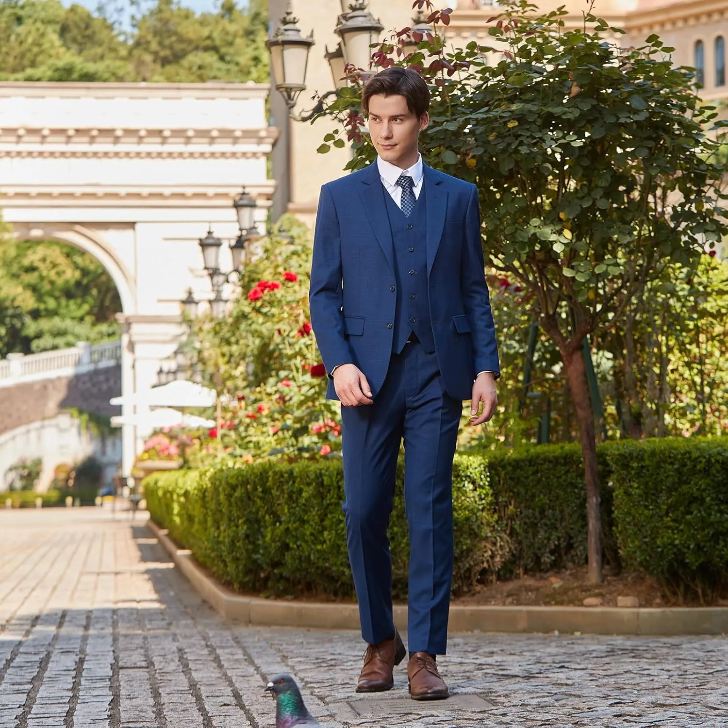 Men's 3 Pieces Slim Fit Plaid Suits Wedding Party Checked Tuxedo Blazer Jacket Vest Pants Suit Set
