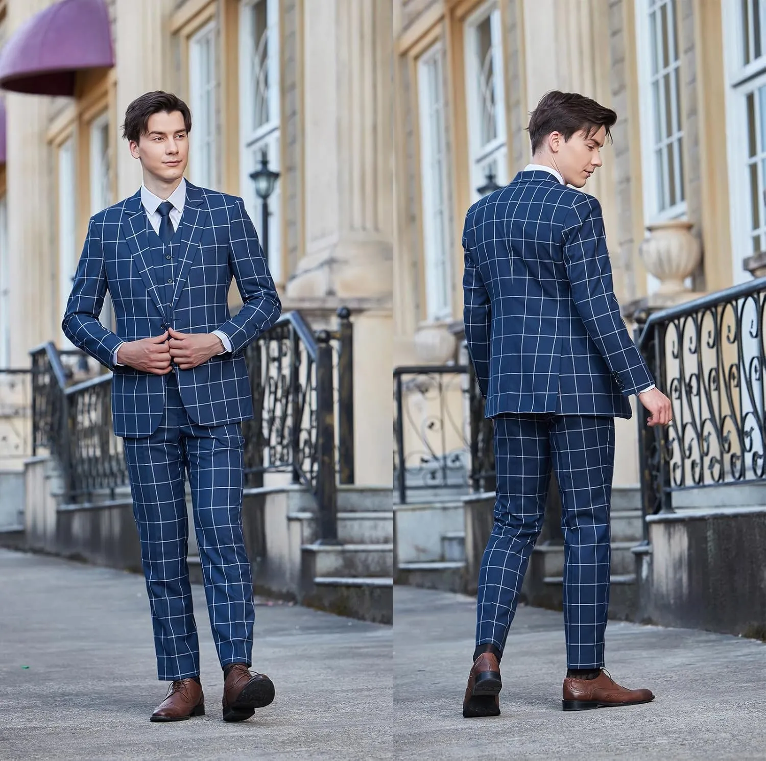Men's 3 Pieces Slim Fit Plaid Suits Wedding Party Checked Tuxedo Blazer Jacket Vest Pants Suit Set