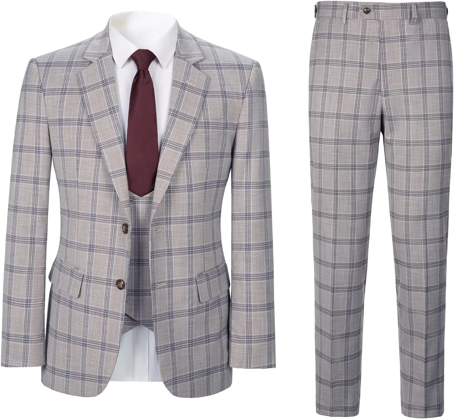 Men's 3 Pieces Slim Fit Plaid Suits Wedding Party Checked Tuxedo Blazer Jacket Vest Pants Suit Set