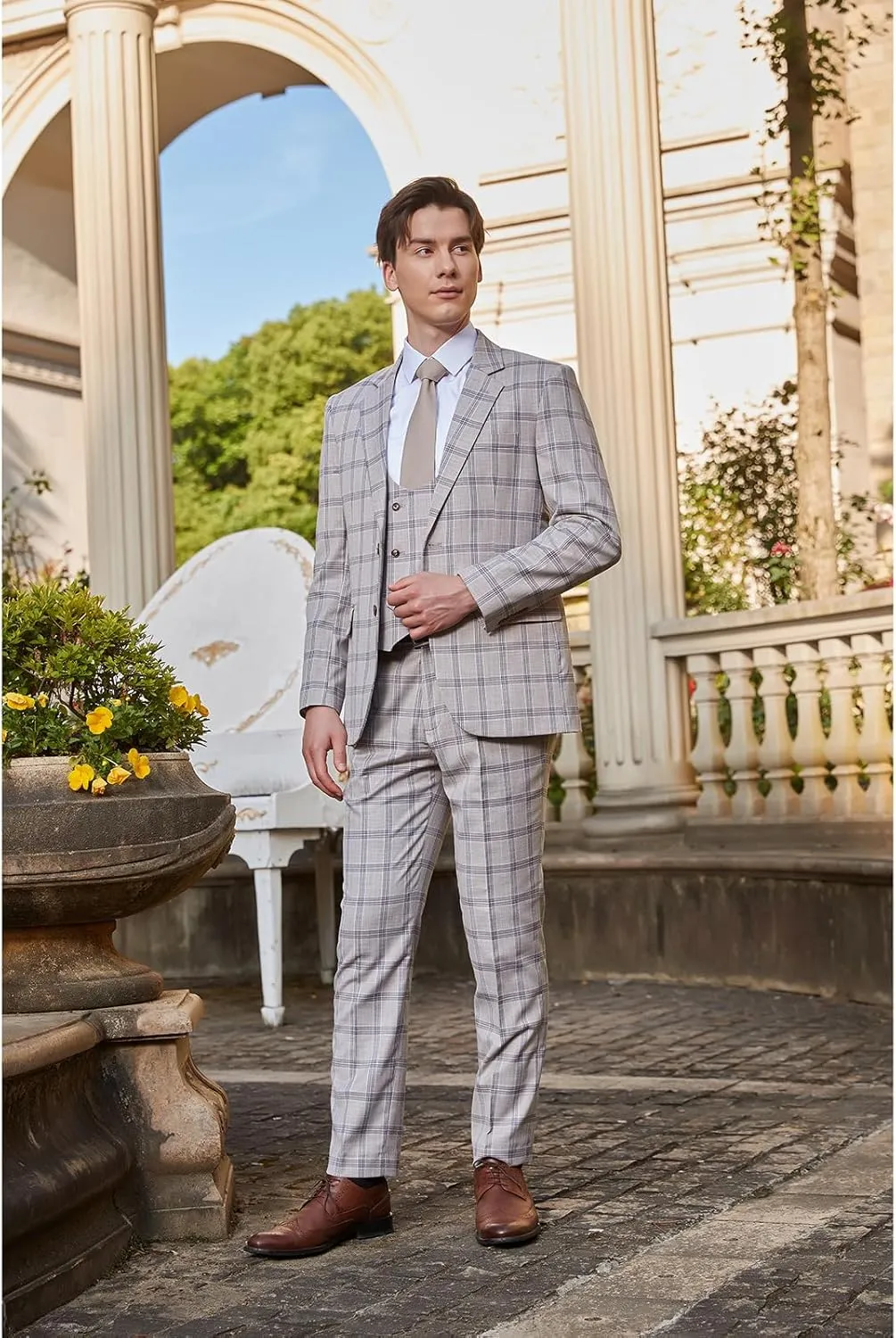 Men's 3 Pieces Slim Fit Plaid Suits Wedding Party Checked Tuxedo Blazer Jacket Vest Pants Suit Set