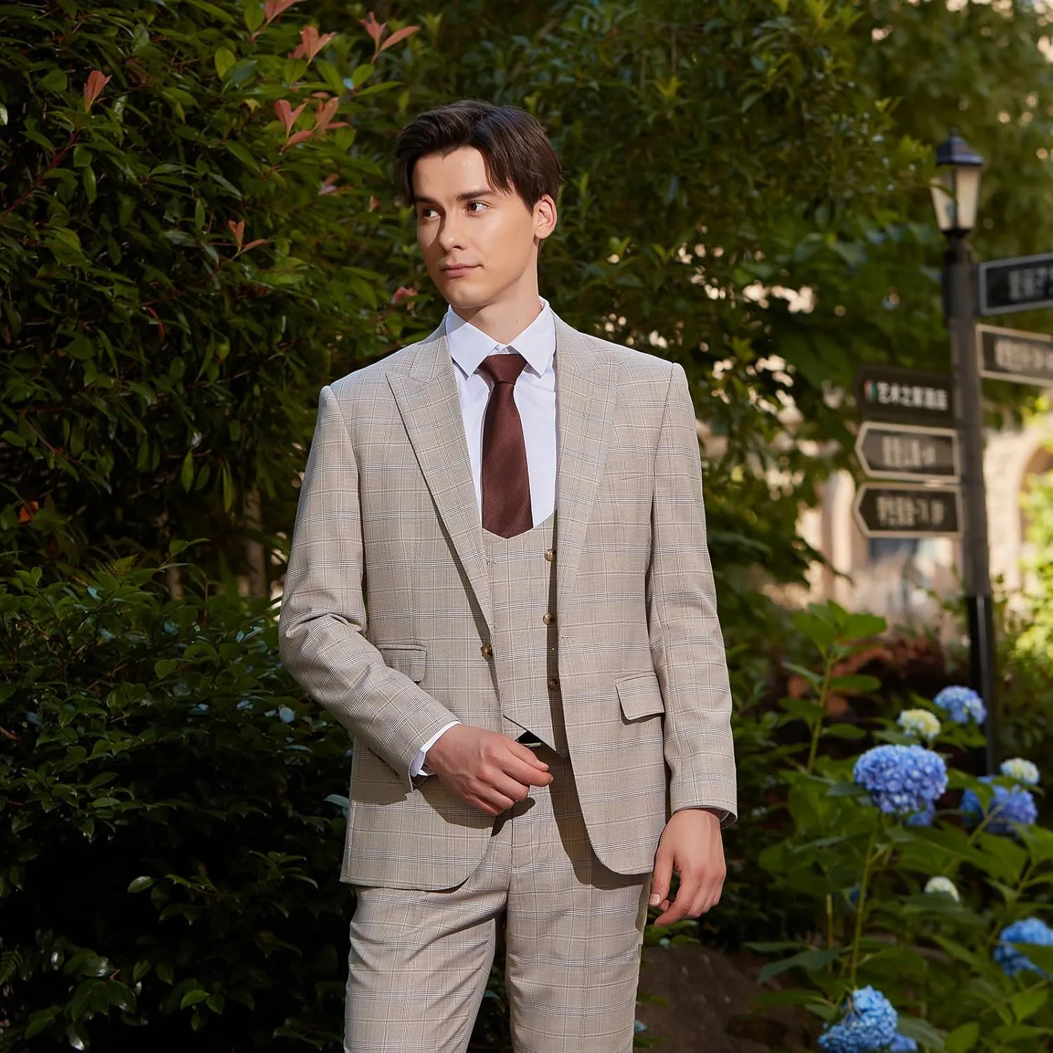 Men's 3 Pieces Slim Fit Plaid Suits Wedding Party Checked Tuxedo Blazer Jacket Vest Pants Suit Set