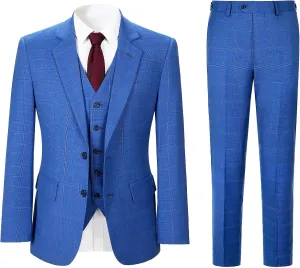 Men's 3 Pieces Slim Fit Plaid Suits Wedding Party Checked Tuxedo Blazer Jacket Vest Pants Suit Set