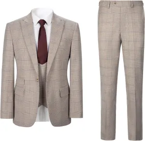 Men's 3 Pieces Slim Fit Plaid Suits Wedding Party Checked Tuxedo Blazer Jacket Vest Pants Suit Set