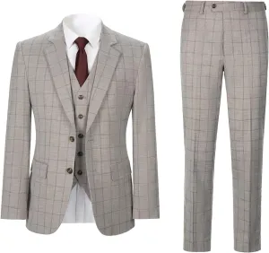 Men's 3 Pieces Slim Fit Plaid Suits Wedding Party Checked Tuxedo Blazer Jacket Vest Pants Suit Set