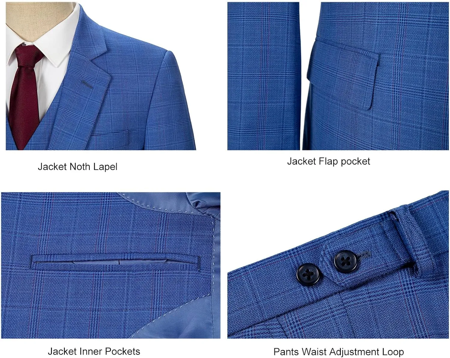 Men's 3 Pieces Slim Fit Plaid Suits Wedding Party Checked Tuxedo Blazer Jacket Vest Pants Suit Set