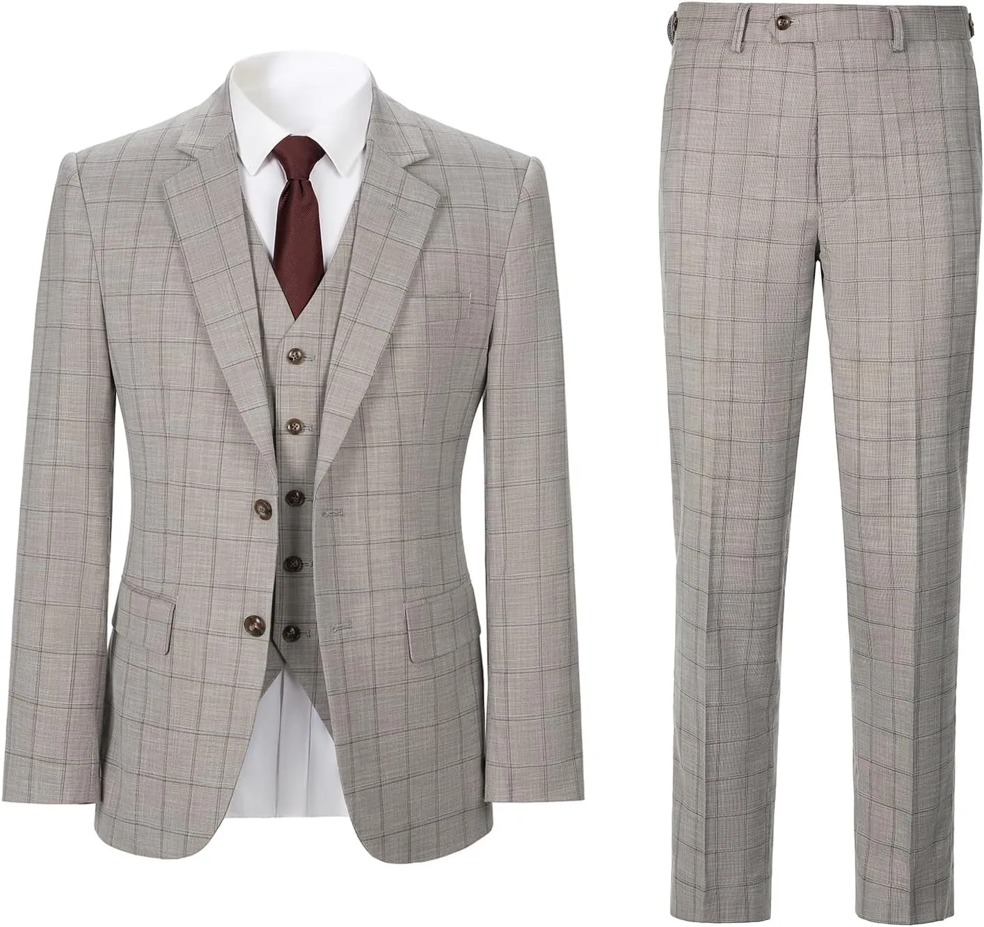 Men's 3 Pieces Slim Fit Plaid Suits Wedding Party Checked Tuxedo Blazer Jacket Vest Pants Suit Set