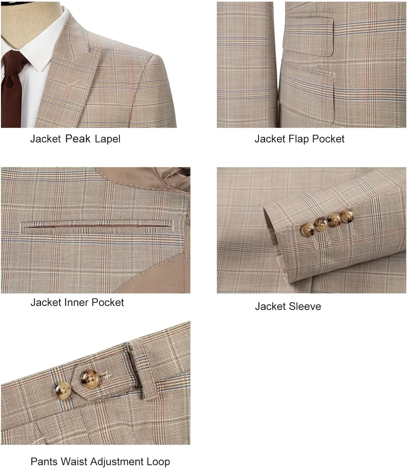 Men's 3 Pieces Slim Fit Plaid Suits Wedding Party Checked Tuxedo Blazer Jacket Vest Pants Suit Set