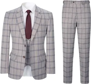 Men's 3 Pieces Slim Fit Plaid Suits Wedding Party Checked Tuxedo Blazer Jacket Vest Pants Suit Set