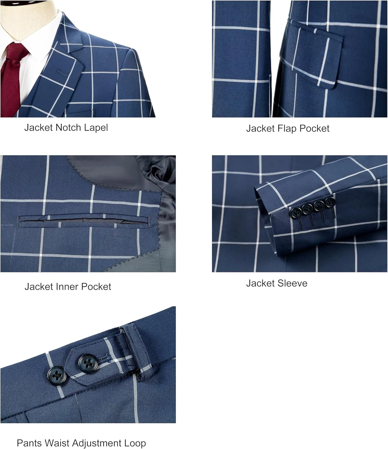 Men's 3 Pieces Slim Fit Plaid Suits Wedding Party Checked Tuxedo Blazer Jacket Vest Pants Suit Set