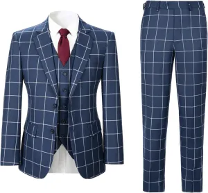 Men's 3 Pieces Slim Fit Plaid Suits Wedding Party Checked Tuxedo Blazer Jacket Vest Pants Suit Set