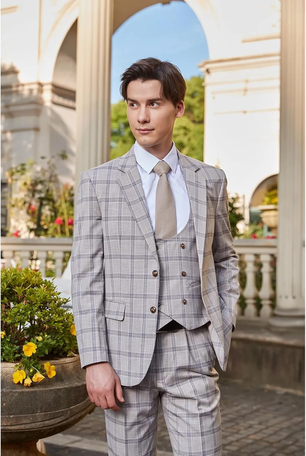 Men's 3 Pieces Slim Fit Plaid Suits Wedding Party Checked Tuxedo Blazer Jacket Vest Pants Suit Set