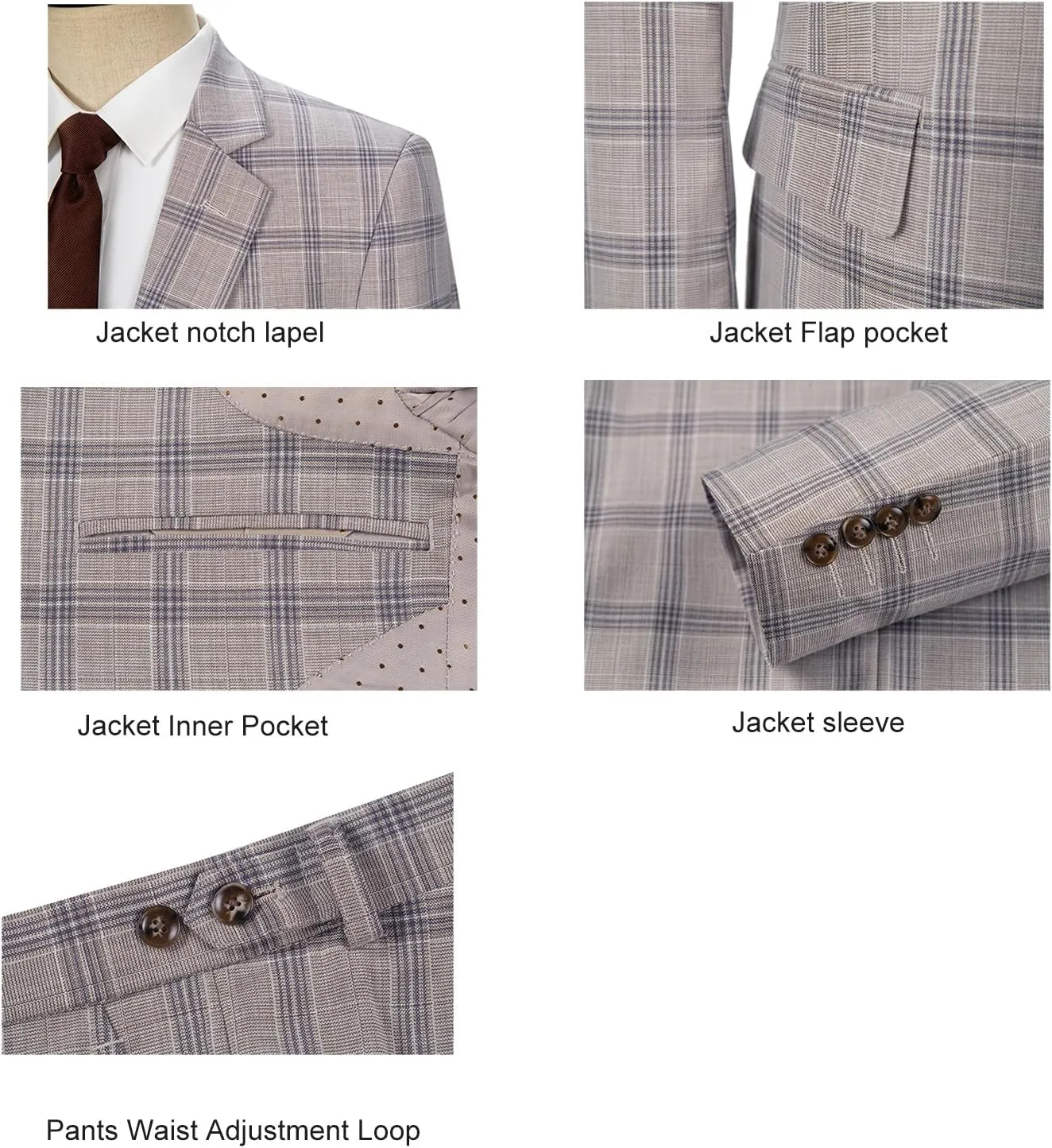 Men's 3 Pieces Slim Fit Plaid Suits Wedding Party Checked Tuxedo Blazer Jacket Vest Pants Suit Set