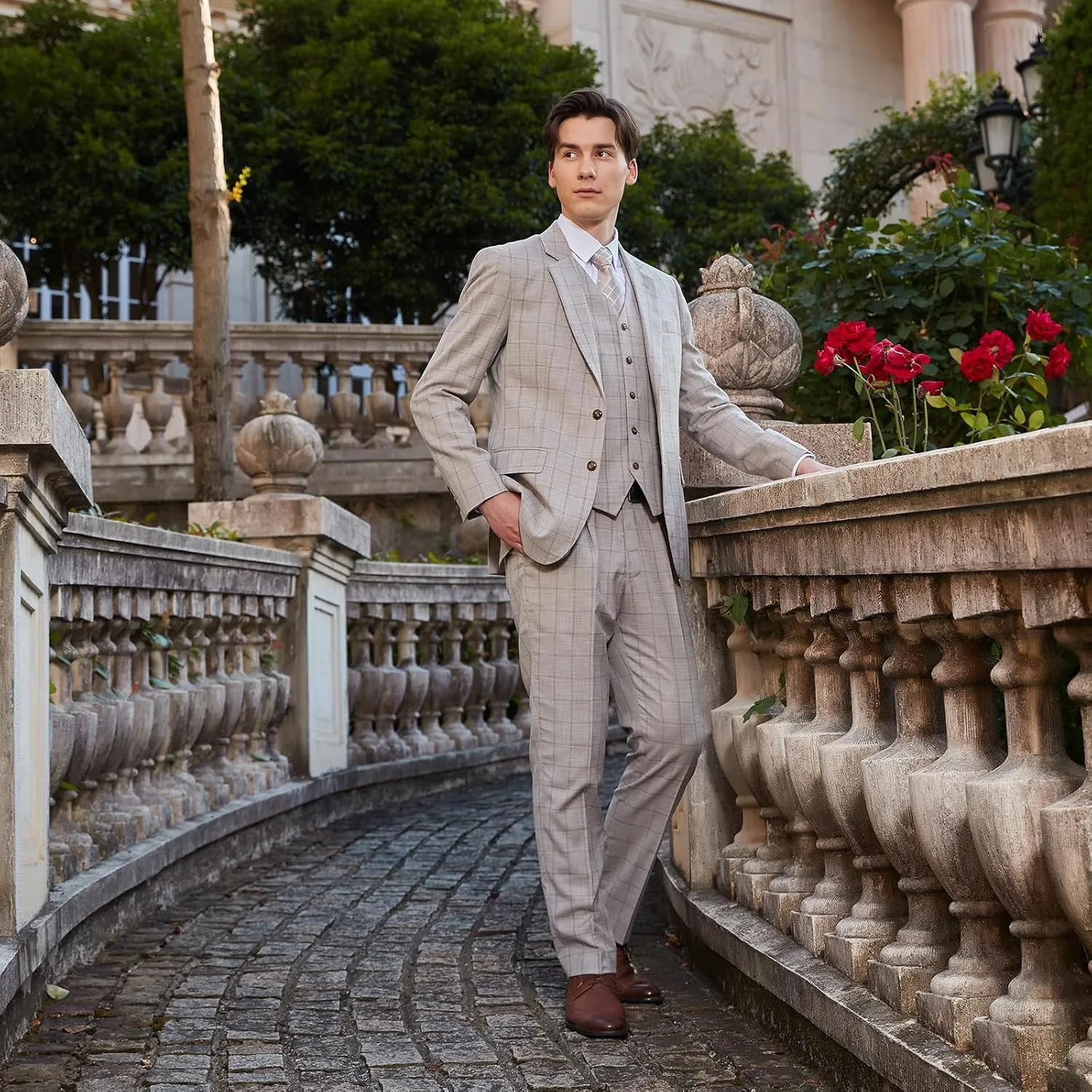 Men's 3 Pieces Slim Fit Plaid Suits Wedding Party Checked Tuxedo Blazer Jacket Vest Pants Suit Set