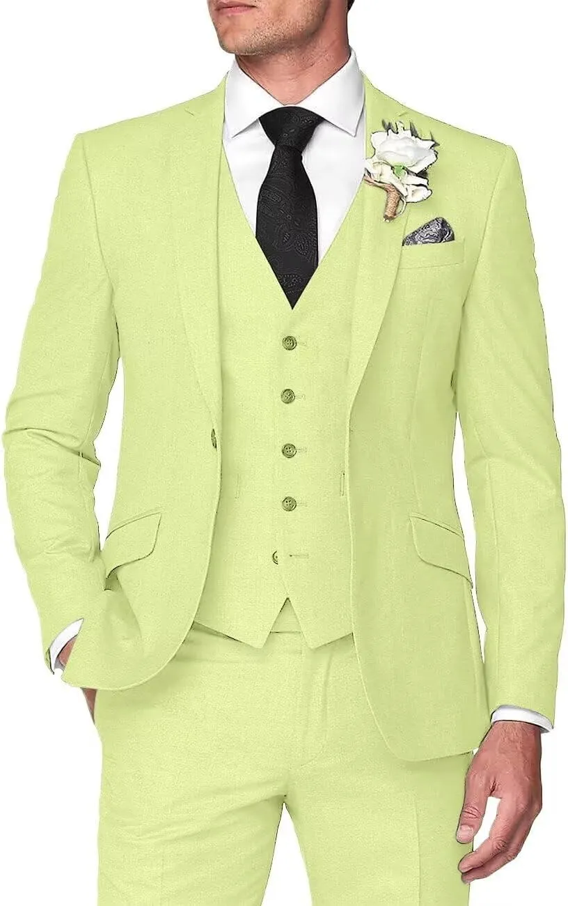Mens 3 Pieces Summer Linen Suit Beach Wedding Slim Fit Blazer Grooms Suits