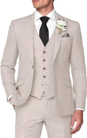 Mens 3 Pieces Summer Linen Suit Beach Wedding Slim Fit Blazer Grooms Suits