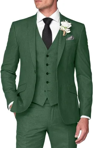 Mens 3 Pieces Summer Linen Suit Beach Wedding Slim Fit Blazer Grooms Suits