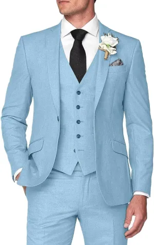 Mens 3 Pieces Summer Linen Suit Beach Wedding Slim Fit Blazer Grooms Suits