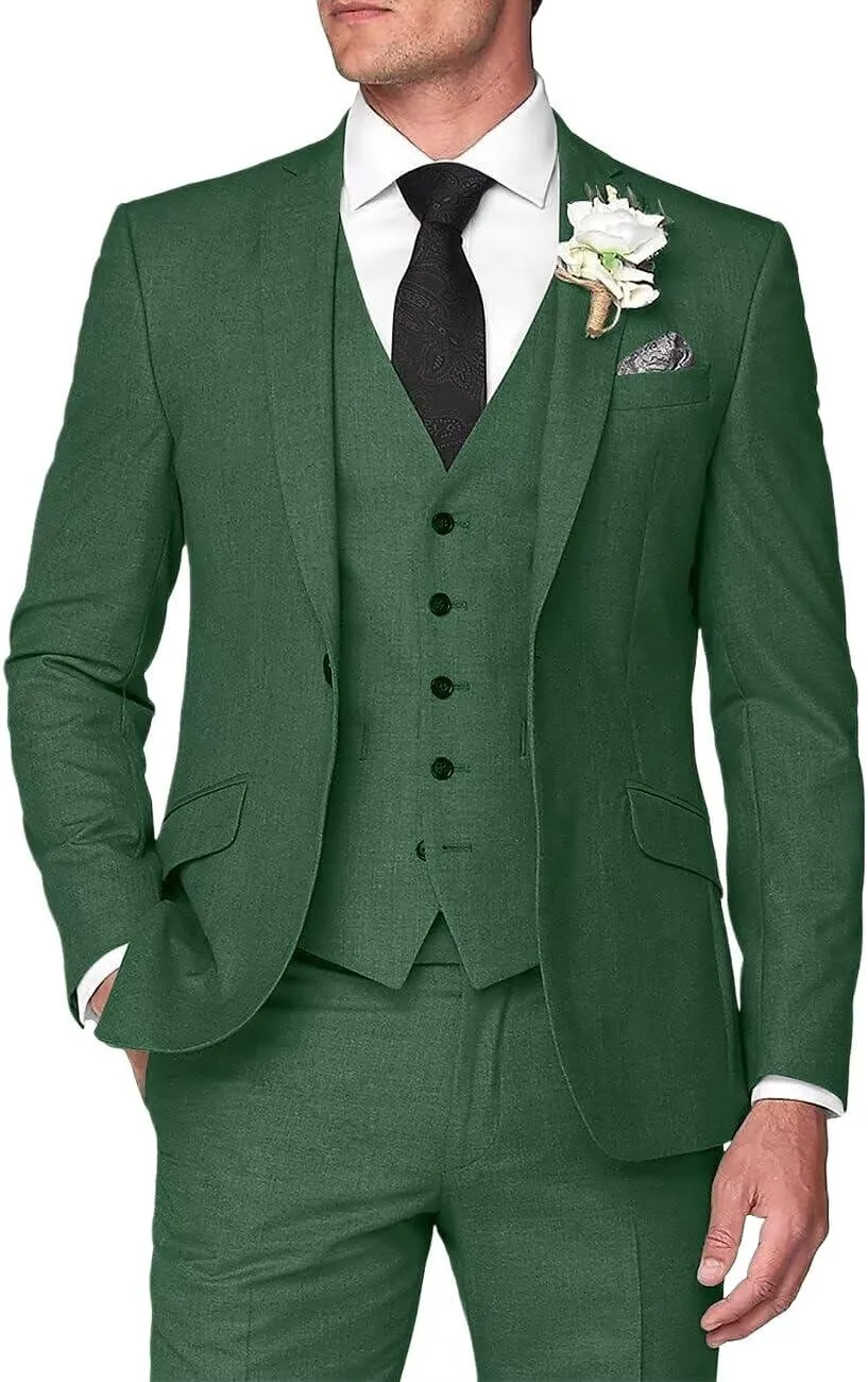 Mens 3 Pieces Summer Linen Suit Beach Wedding Slim Fit Blazer Grooms Suits