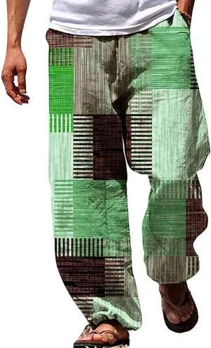 Men's Boho Cotton Linen Pants Casual Loose Fit Straight-Legs Stretchy Waist Beach Pants Athletic Sports Trousers