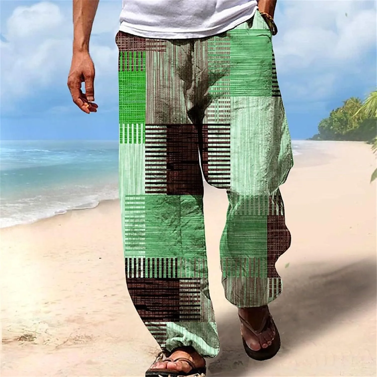 Men's Boho Cotton Linen Pants Casual Loose Fit Straight-Legs Stretchy Waist Beach Pants Athletic Sports Trousers