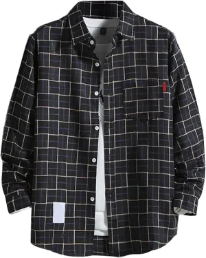 Mens Button Down Shirts Long Sleeve Slim Fit Shirts Vintage Checked Casual Stylish T-Shirts Fall Cardigan with Pockets